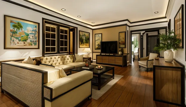 bedroom interior, indochine style interior, black wood furniture, wood floor, beige wall, (realistic:1.2), raw photo,masterpiece...