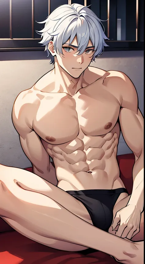 Anime guys shirtless, 16 years old, 6 pack abs, strong body
White hair