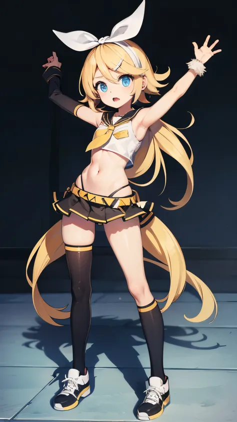 Kagamine rin , mini falda , bragas a la vista , rostro apenado , mejillas ruborizadas , viendo al espectador , imagen de cuerpo completo , (perfect body proportion)