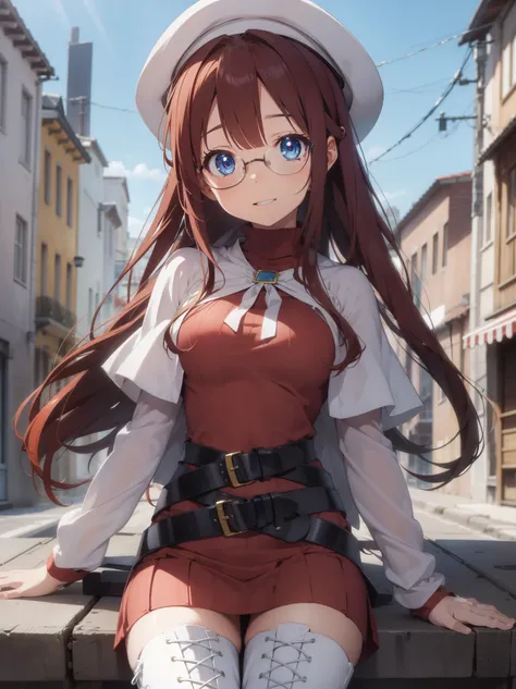 summonnightaty, aty, long hair, blue eyes, red hair, beret, hat, glasses,
BREAK long hair, thighhighs, hat, dress, boots, glasses, belt, cape, sweater, zettai ryouiki, beret, thigh boots, white footwear, ribbed sweater, loose belt,solo,
BREAK outdoors, fan...