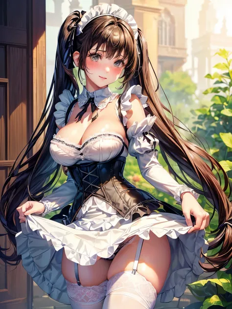 ((highest quality, High resolution, perfect pixel, 4k))), 1 woman, beautiful woman、I could see the whole body、mansion、 ((twin tails, bangs, brown hair)), ((brown eyes, beautiful eyelashes, realistic eyes)), ((detailed face, blush:1.2))、((smooth texture:0.7...