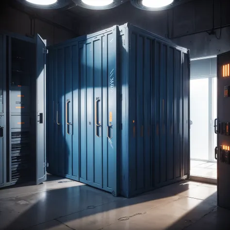 the call of duty armory is a dark room with white lights and not windows, there are weapon cases and military crates in blue orange or yellow colors