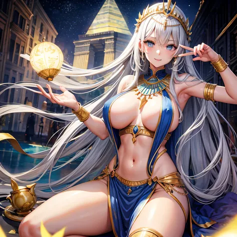 whitening　gray hair　long hair　blue eyes　smile　tiara　green egyptian costume　beauty　sexy　big breasts　mature　whole　Mysterious　Charm　fascinating　I don&#39;t think so.　pyramid　valley key　beautiful breasts　cover your mouth　fortune teller　holding tarot cards in h...