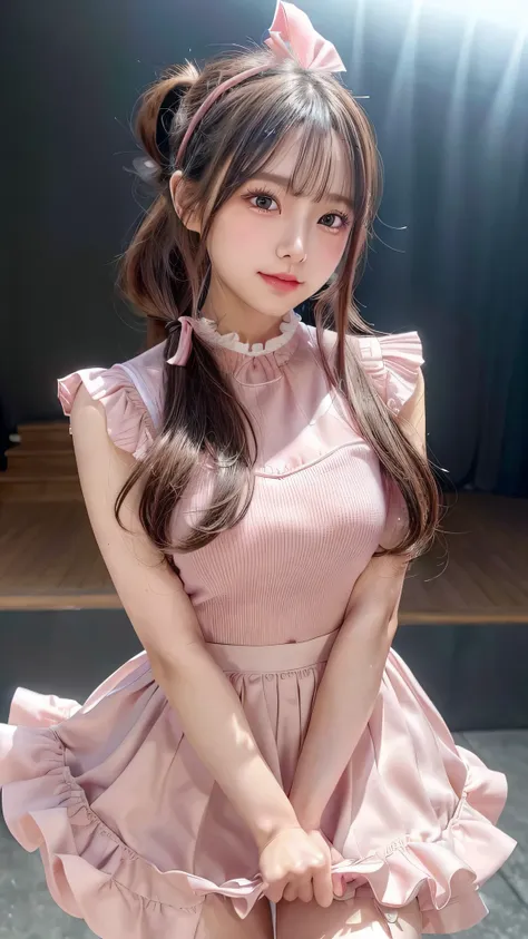 blush,small breasts,14 years old,long hair ponytail,on stage,Are standing,close up of face,((8K, Raw photo, best quality, muste piece:1.2), (Reality, photorealistic:1.4), (Highly detailed 8K wallpaper), Depth of the bounds written, cinematic lighting, soft...