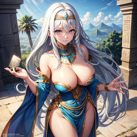 whitening　gray hair　long hair　blue eyes　smile　tiara　green egyptian costume　beauty　sexy　big breasts　mature　whole　Mysterious　attractive　seductive　i doubt it　pyramid　valley key　beautiful breasts　cover your mouth　fortune teller　holding tarot cards in hand　egyp...