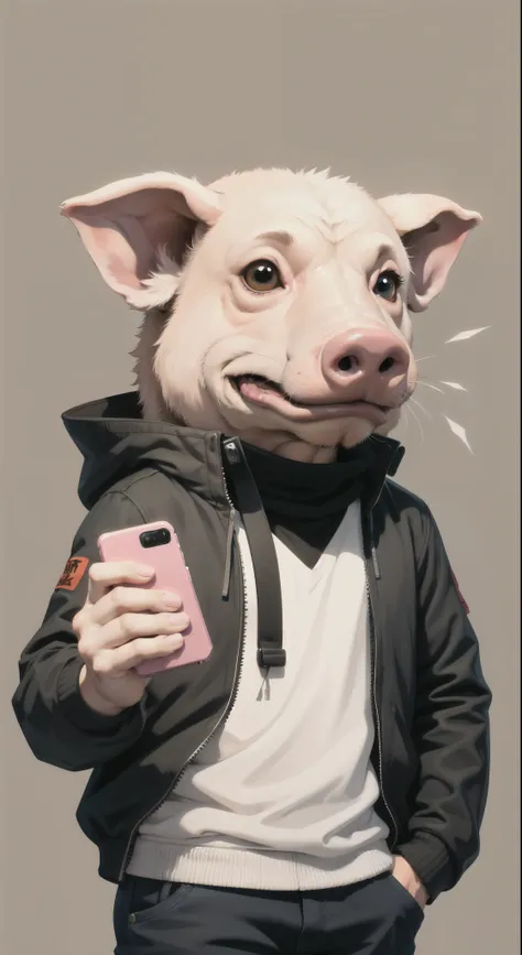 anthropomorphic pig, solo, (simple background:1.3), upper body, best quality, masterpiece,  calling his friend with smartphone