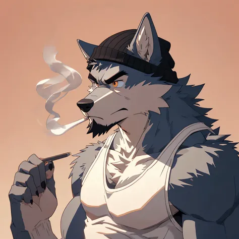 furry, wolf, solo, annoyed face, muscular arms, muscular body, handsome, facial hair, simple lighting, pastel background, smoking cigarette ,beanie, hand holding cigarette. detailed eyes, ultra detailed, detailed fur texture, CG. bust portrait. (White tank...