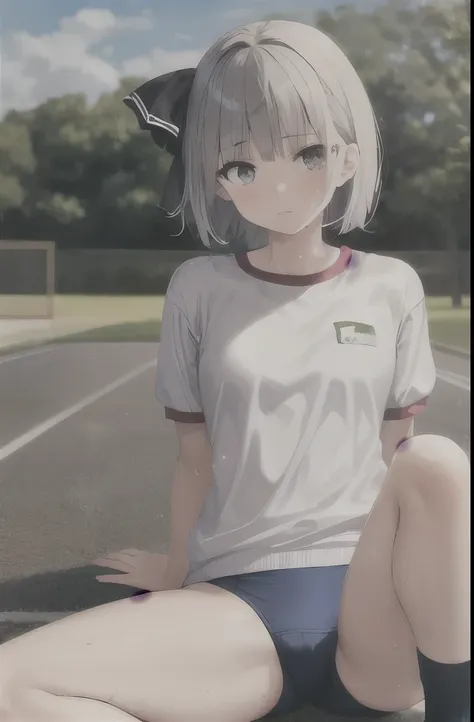 1 girl,alone,Youmu,white shirt,white socks, Gym suit,Dark blue bloomers, sports shoes, sitting, get your knees up,schoolyard,outdoor, blue sky,Sweat, front elevation
break
(masterpiece, highest quality,Super detailed,)