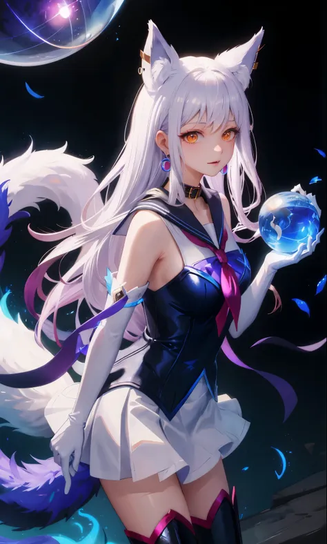 masterpiece, best quality, high resolution, More 1, crown, Sailor Senji, Blue sailor collar, bow, knee high boots, collar, White gloves, blue collar, elbow gloves, jewelry, earrings, blue skirt, Cowboy shooting, sphere, crystal ball, ,Ahri, Ahri (League of...