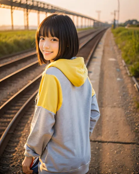 ((highest quality, 32k, High resolution, masterpiece:1.5, ), A track that stretches to the horizon, nostalgic light landscape, beautiful japanese girl, very beautiful face, Rear view walking on the railroad tracks, 13 years old, shiny black hair, beautiful...