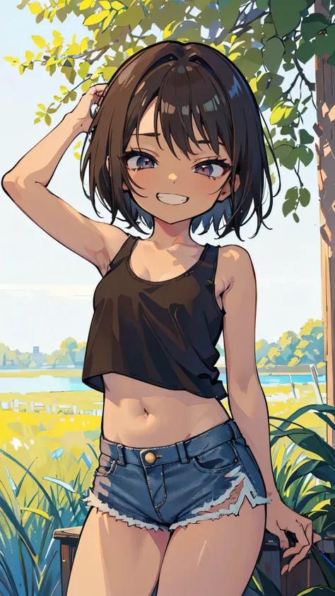 (8K、Highest image quality、highest quality、masterpiece)、detailed face、((one loli))、((brown skin:1.2))、black hair、very short hair、gray eyes、evil smile、((grin))、small breasts、((white tank top))、((denim short shorts))、cowboy shot、grass background