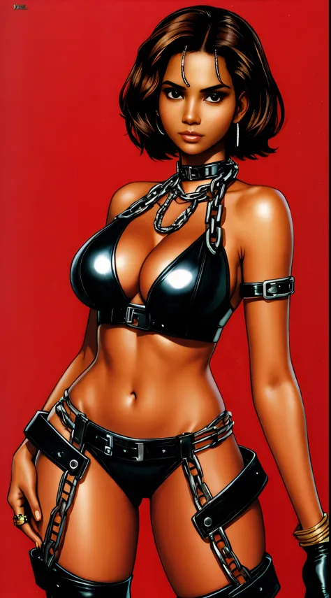 young Halle Berry, sultry, leather, ((chains)), atompunk