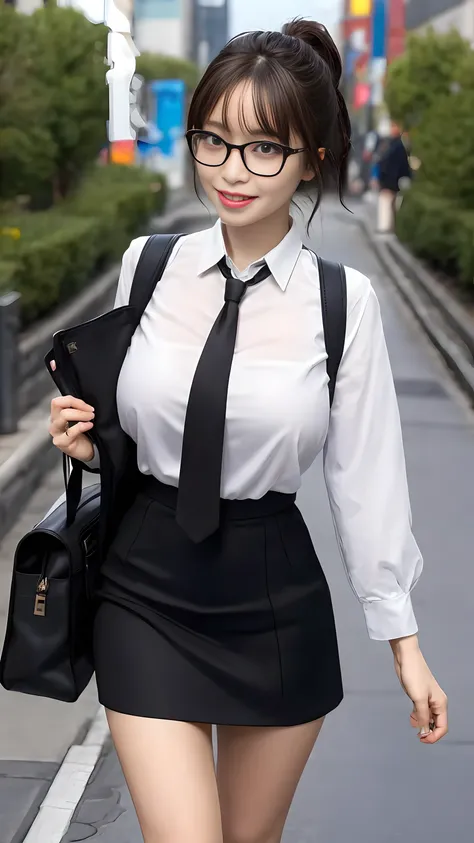 ultra-detailed, 1girl, glasses, I-cup big breasts, necktie, sexy short mini skirt, bag, sexy, black hair, outdoors, road, between breasts, street, school bag, ground vehicle, danchi, japan, slender body, hime cut, illustration, first-person view, pov, mast...