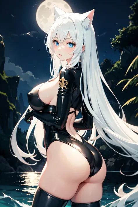 deep sea, white hair, cat girl, blue eyes, black and gold bodysuit, moonlight , big breast, big ass