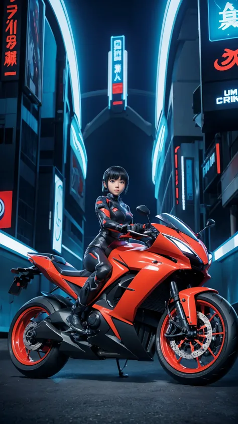 ((Anime poster of a girl in a TRON LEGACY style suit driving a futuristic motorcycle with a mecha city in the background)), Ir Nagai, movie poster, movie promotional art, editado en 3d como el corredor de velocidad , ova style, movie artwork, mecha anime