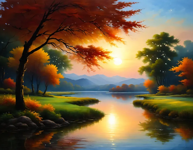 On a quiet evening, a flock of white herons gather gracefully around the pond. The reflective surface of the lake reflects its graceful appearance, creating a calm and picturesque landscape. The autumn air carries a bit of cold, and the grass by the lake i...