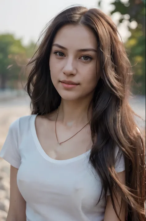 (masutepiece), stunning intricate real camera portrait of dasha taran in white t-shirt, masutepiece, best quality, unity 8k壁纸, (...