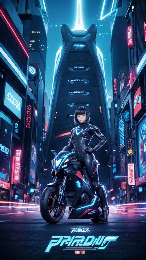 ((Anime poster of a girl in a TRON LEGACY style suit driving a futuristic motorcycle with a mecha city in the background)), Ir Nagai, movie poster, movie promotional art, editado en 3d como el corredor de velocidad , ova style, movie artwork, mecha anime, ...