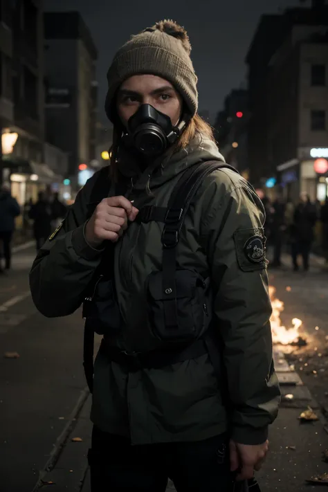 A loner from the game S.T.A.L.K.E.R., that has a gasmask, grey beanie, and backpack with an advanced AK-47 attached to the backpack, wearing a yellow armband across his hand