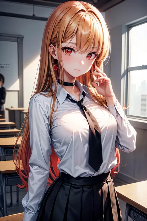 marinkitagawa, marin kitagawa, blonde hair, choker, ear piercing, earrings, long hair, piercing, (red eyes:1.5), straight hair, swept bangs,
BREAK black necktie, long sleeves, pleated skirt, , shirt, skirt, sleeves rolled up, white shirt, cleavage,
BREAK i...