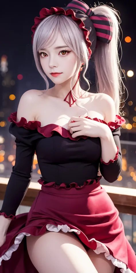 , best quality, Shalltear V4, 1 girl, alone, skirt, decorate, bow, hair bow, direction, faint smile, pale skin, luminescent, luminescent eyes, portrait