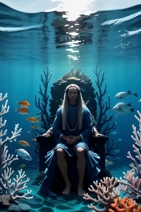 God of the sea sitting on the throne of the deep sea、long hair swaying in the ocean currents、The clothing you wear has a design inspired by deep sea creatures.。Behind you is a fantastic view of coral and glowing fish.。