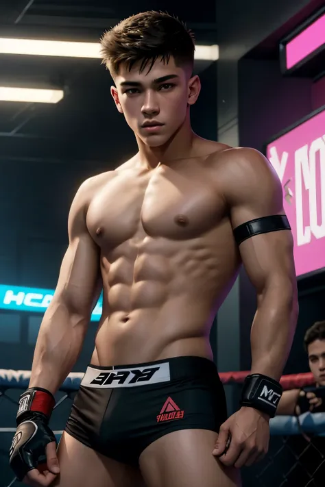 handsome teenage MMA fighter, very short hair, skimpy jockstrap, 1980s cyberpunk setting