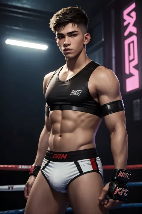 handsome teenage MMA fighter, very short hair, skimpy jockstrap, 1980s cyberpunk setting