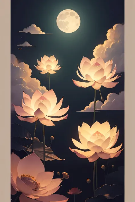 Mid-Autumn Festival moon lights, rabbit Han style lotus, cloud river hand-painted, wall decor 70s flower print 70s wall art, design, 