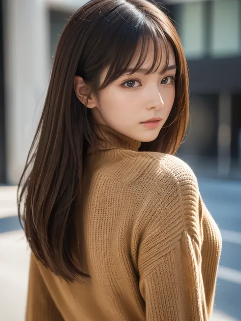 Product quality, 1 girl, 19years old, a Japanese young pretty girl, Long bob hair, Wearing a black knitted turtleneck sweater with long sleeves, hyper cute face, Glossy lips, double eyelids for both eyes, ((No makeup)), shiny smooth light brown hair of a l...