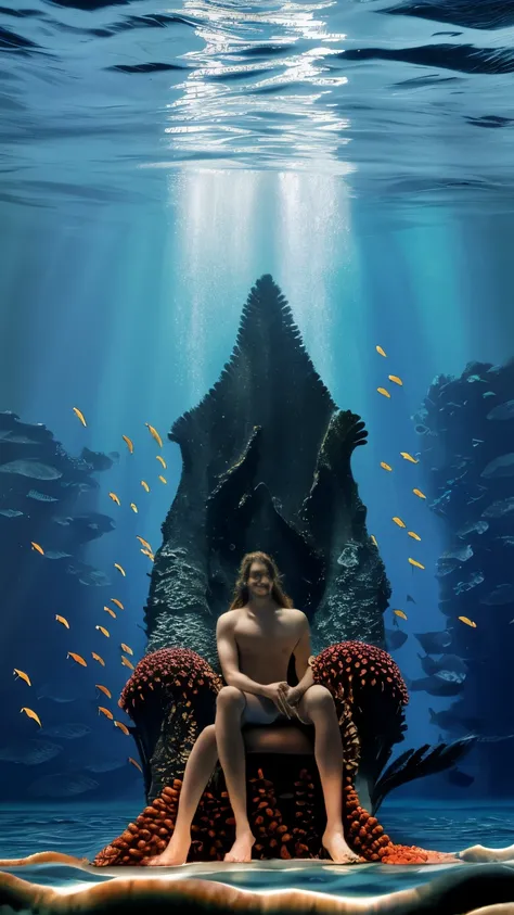 The sea god seated on the deep-sea throne, long hair swaying in the ocean current, wearing clothes inspired by deep-sea creatures. Behind, a fantastical scene of coral and glowing fish swimming unfolds. 8K, hd, highly detailed, realistic, photography, phot...