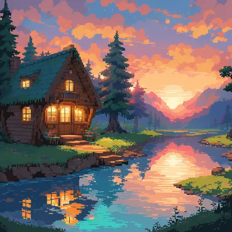 vibrant colors, retro style, detailed landscapes, cozy atmosphere, sunset, pixelated trees, peaceful river, charming cottage, warm glow from the windows, twinkling stars. (best quality, 4k, highres), ultra-detailed, (realistic:1.37), pixel art, vibrant col...