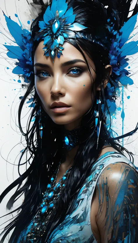 ultra-detailed artistic abstract beautiful indigenous woman with long black hair, magic with bioluminescent filigree, geometric photography, 32k fashion abstract poster, detailed symmetrical blue eyes with circular iris, natural body posture by artist russ...