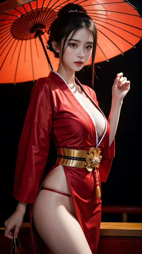 (highest quality、8k、16k、masterpiece、Realistic、Super detailed、Beautiful in every detail、ray tracing)、photograph、
BREAK、 arafed woman in a red kimono with a red umbrella, chinese style, red and cinematic lighting, cyberpunk geisha, red glow, glowing red, gla...