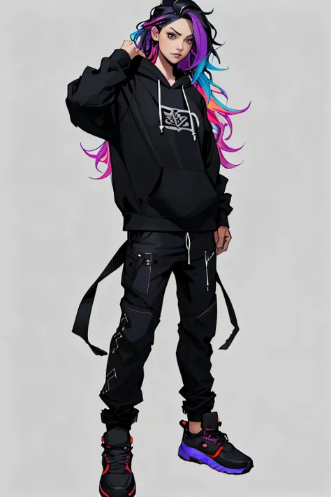 1 girl, wavy hair, colourful hair, teenager, hoodie, pants, black clothing, colourful hair, light background, full body, long hair, teenager, tribal tattoo, colorful parts, sketchbook, hand drawn hand, symbols, dark , bold, realistic sketch, sketch, mixing...