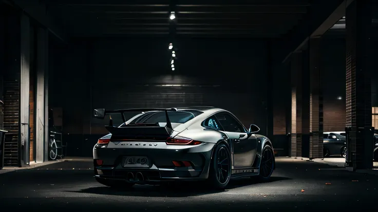 (best quality, realistic, very detailed) Sport Porsche 911 gt3, black color, cinematic view, night time