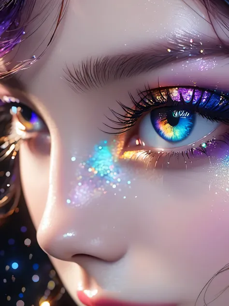 Macro shot of girl with teary eyes (In the detailed part of the galaxy inside her iris、There is a dark ring around it。):1.2 , fantasy eyeshadow makeup, dark eyeliner and mascara, cinematic lighting, (masterpiece, 最high quality, 最high quality, official art,...