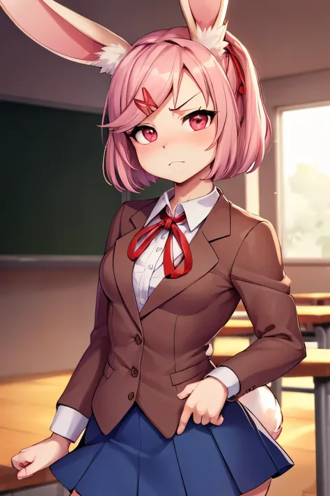 ((by dagasi)), solo female,looking at viewer, masterpiece, best quality, bunny ears, pink eyes,furry,natsuki from doki doki,bunn...