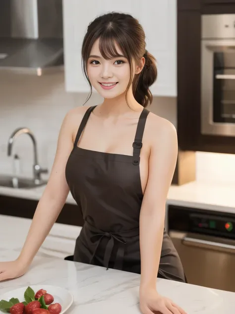 Starbucks apron, , ,(top quality, 8k, masterpiece: 1.3), beautiful woman with perfect figure: 1.4, dark brown hair up to the shoulders, naked and wearing (dark_red apron), in the kitchen, very detailed face and skin, detailed eyes, double eyelids, beautifu...