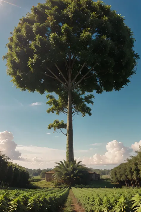 Create a giant marijuana plant in the middle of a huge plantation, com um agricultor no meio e que algumas folhas sejam como placa solares. in a futuristic setting and frontal perspective
