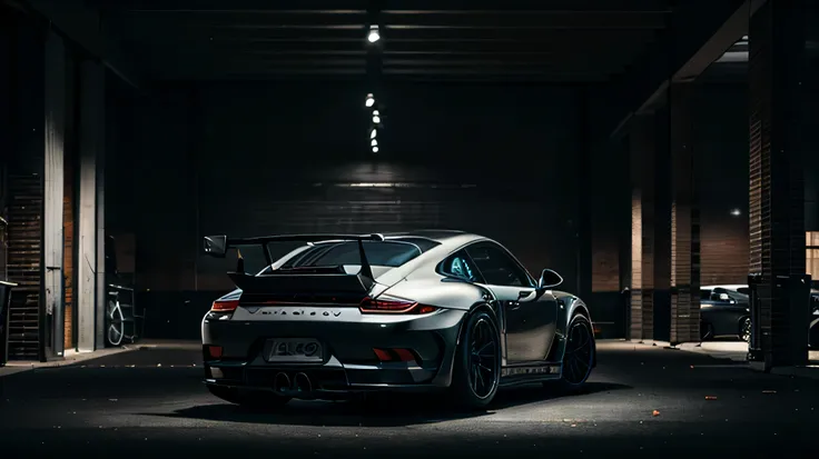 (best quality, realistic, very detailed) Sport Porsche 911 gt3, black color, cinematic view, night time