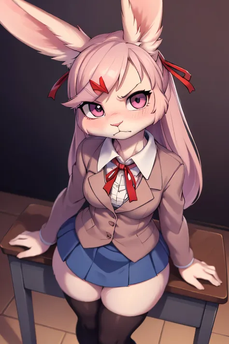 solo female,looking at viewer, masterpiece, best quality, bunny ears, pink eyes,furry,natsuki from doki doki,bunny, furry, full ...