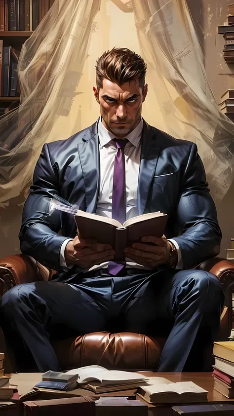 A muscular man sitting in a suit in his office, lendo um livro, head down