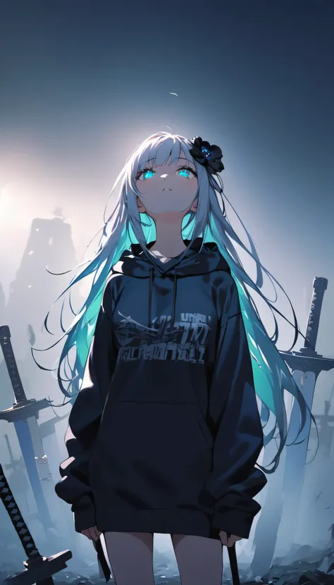 Masterpiece, saturate, full HD, best quality, 1girl, ( young girl, cute girl), slim body.medium breast, white  light hair.detailed beautiful eyes. Glowing eye. Bright aqua eyes, long hair, bangs, black flower hair ornament, black hoodie oversized, holding ...