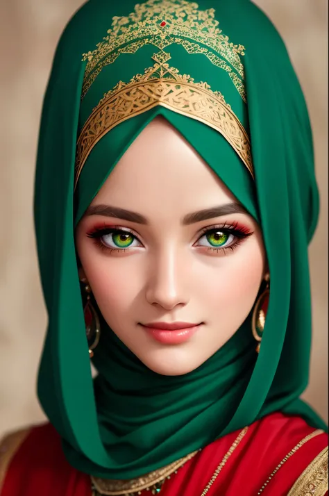 (best quality), (photo-realistic:1.2),realistic skin texture, beautiful European lady,Cute European ,Double eyelid, bangs, red bobcut,green eyes, wearing hijab, Thin,(figure),slim,smile, earrings, looking at viewer,face focus, depth of field,wearing islami...