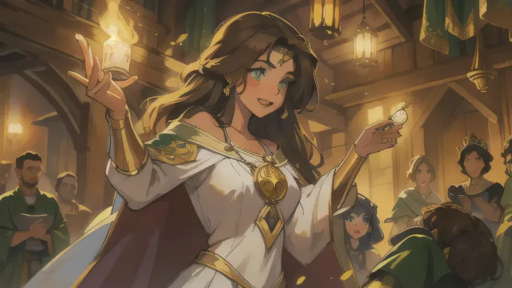 masterpiece,cover_page,Beautiful woman with green eyes and brown hair、Witch sorcerer in white and gold robes、Noble robeagic princess and happy expression, she is dancing ((flushed)) Tavern Background RPG Art RPG Medieval Art,Illuminated by dim candlelight