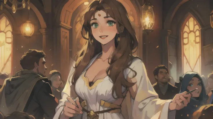 masterpiece,cover_page,Beautiful woman with green eyes and brown hair、Witch sorcerer in white and gold robes、Noble robeagic princess and happy expression, she is dancing ((flushed)) Tavern Background RPG Art RPG Medieval Art,Illuminated by dim candlelight