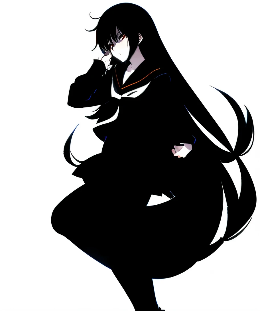 masterpiece, (simple_background, transparent_background:1.2), (solo:1.2), 1 girl, (black sailor uniform:1.2), (blak hair:1.4), (blank eyes), between hair, very long hair, long hair, bung, hair over eyes,