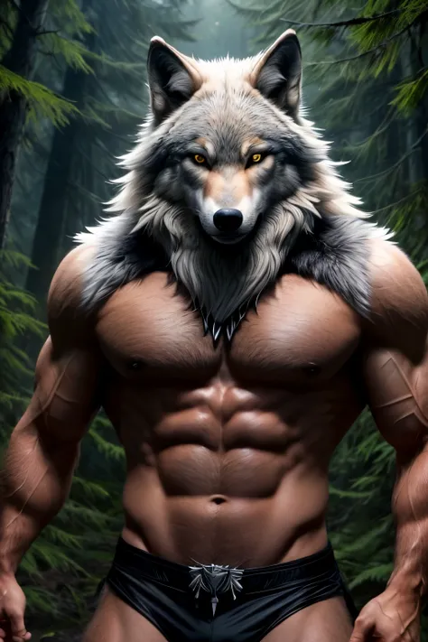 In the heart of the forest, a handsome wolf with white hair is depicted in an exquisitely detailed, high-definition image. With youthful vibrancy in his eyes, the young wolfs fur boasts a hyper-realistic representation of skin texture – each strand appeari...