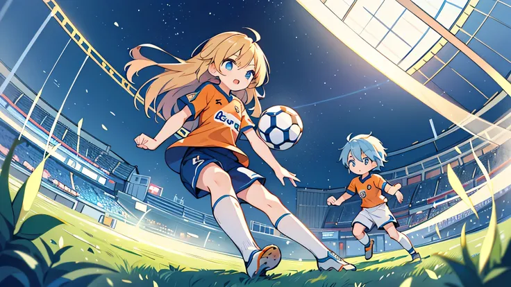 Pretty, cute little anime girl, orange soccer jersey, medium length blonde hair, with a young, tall, handsome anime boy, with light blue-white soccer jersey, with medium length light blue hair, playing against each other on a soccer field, lots of details,...